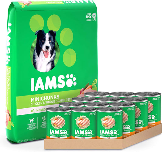 IAMS Proactive Health Adult Minichunks Dry Dog Food and Classic Pate Wet Dog Food Cans, Chicken Recipes