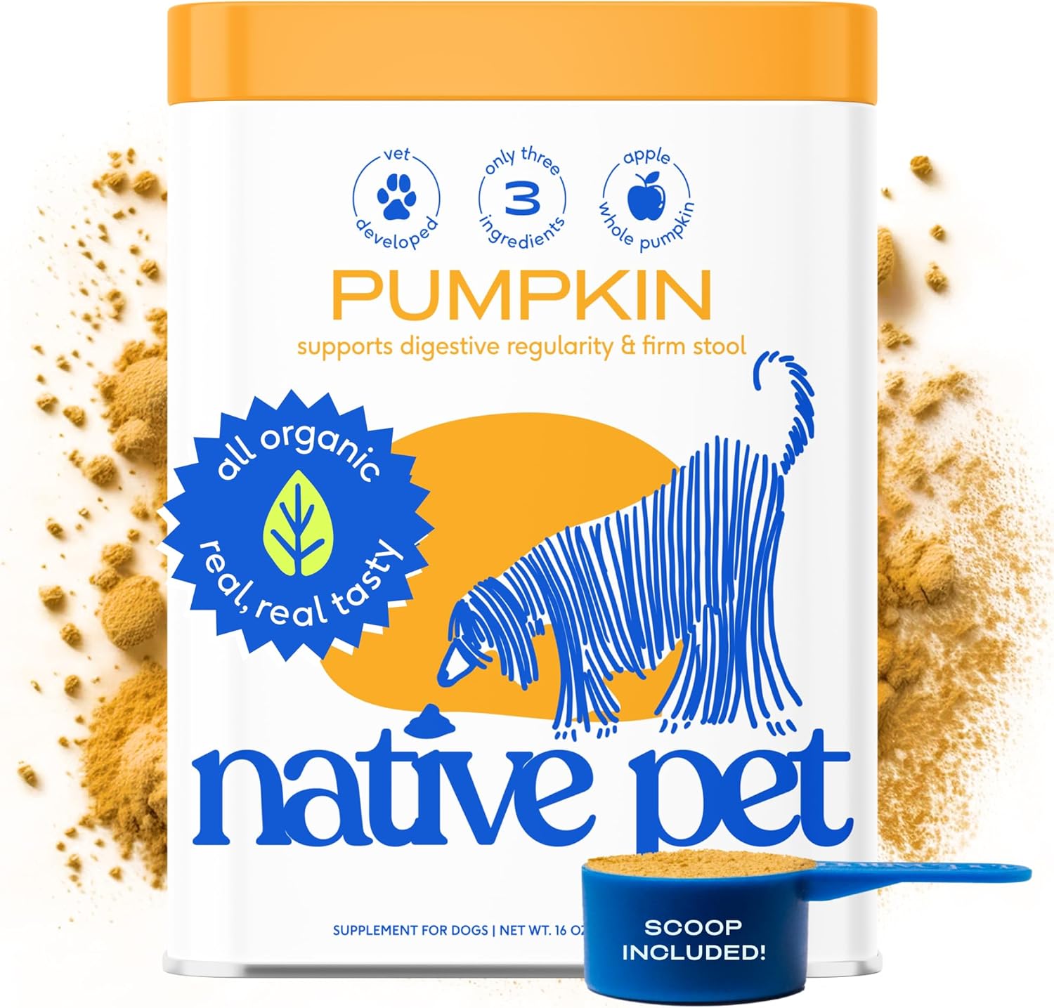 Native Pet Organic Pumpkin for Dogs (16 oz)- All-Natural, Organic Fiber for Dogs - Mix with Water to Create Delicious Pumpkin Puree - Prevent Waste with This Canned Pumpkin Alternative