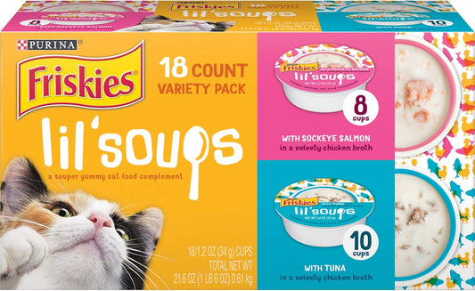 Purina Friskies Grain Free Wet Cat Food Complement Variety Pack, Lil' Soups With Sockeye Salmon & Tuna in Broth - (18) 1.2 oz. Cups