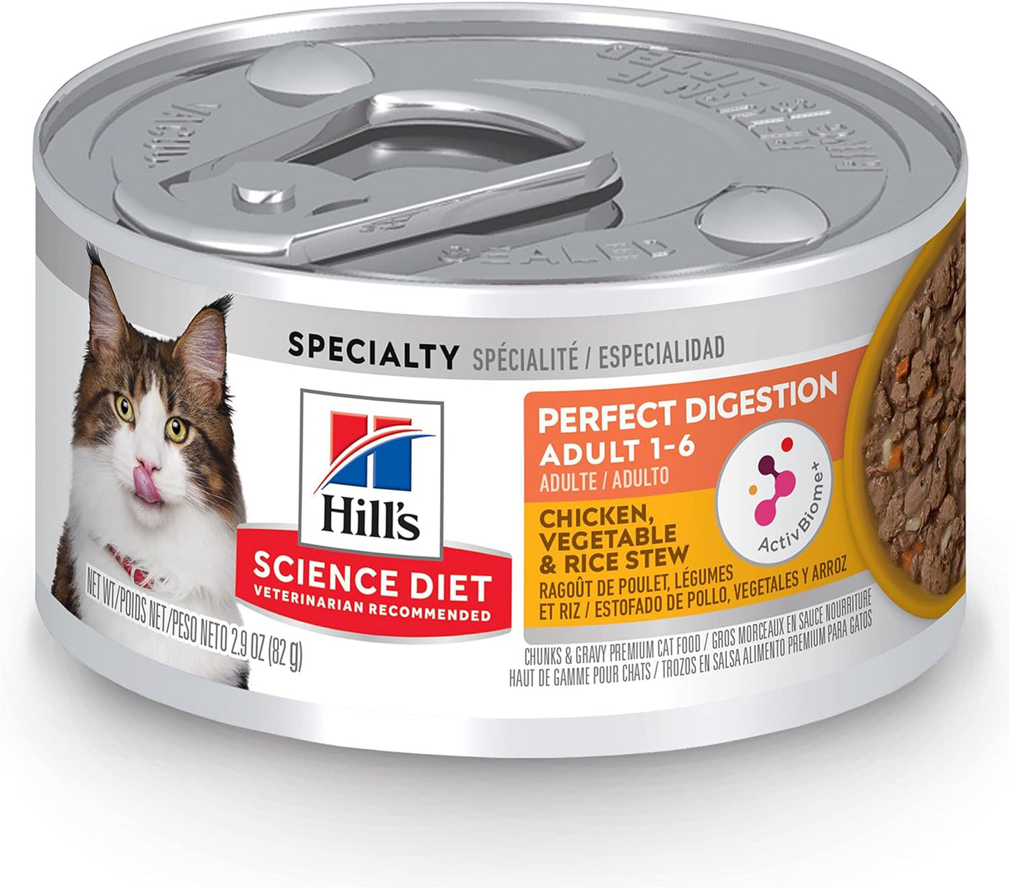 Hill's Science Diet Perfect Digestion, Adult 1-6, Digestive Support, Wet Cat Food, Chicken, Vegetables & Rice Stew, 2.9 oz Can, Case of 24