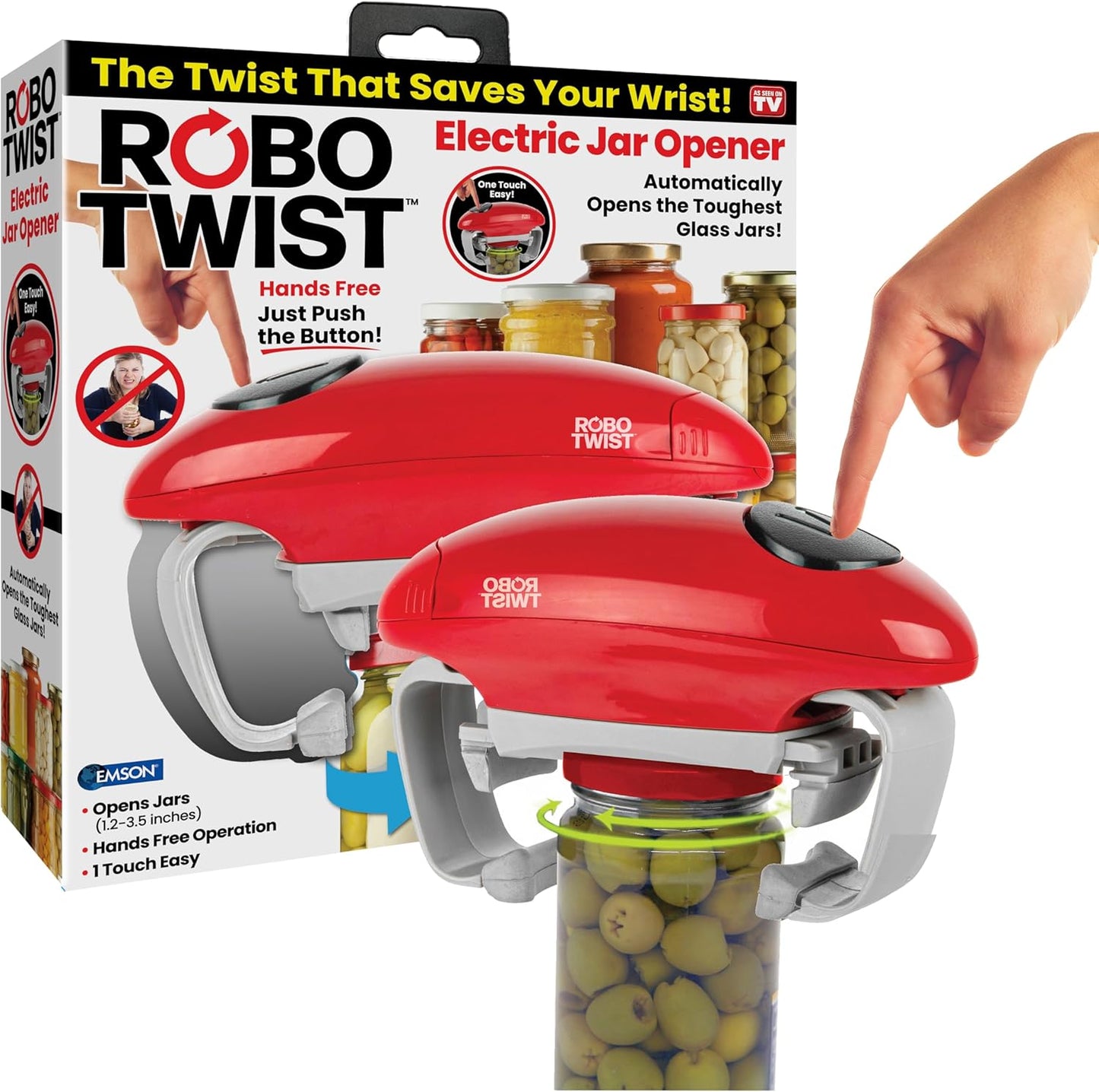 Robotwist Jar Opener, Automatic Jar Opener, Deluxe Model with Improved Torque, Robo Twist Kitchen Gadgets for Home, Electric Handsfree Easy Jar Opener \u2013 Works on All Jar Sizes, As Seen on TV, Red\u2026