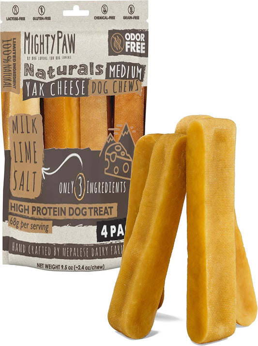 Mighty Paw Yak Cheese Chews for Dogs - All-Natural Long Lasting Pet Treats - Odorless Limited-Ingredient Chews for Puppies & Power-Chewers (Medium, 4 Pack)