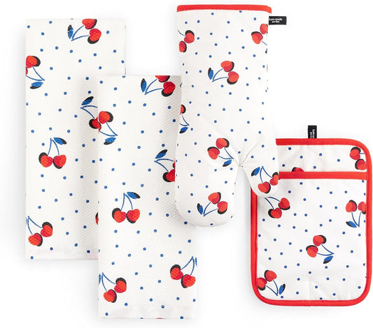 Kate Spade New York Cherry Dot Kitchen Towel, Oven Mitt & Pot Holder 4-Pack Set, 17" x 28", 7" x 13", 7" x 10", White/Red/Blue