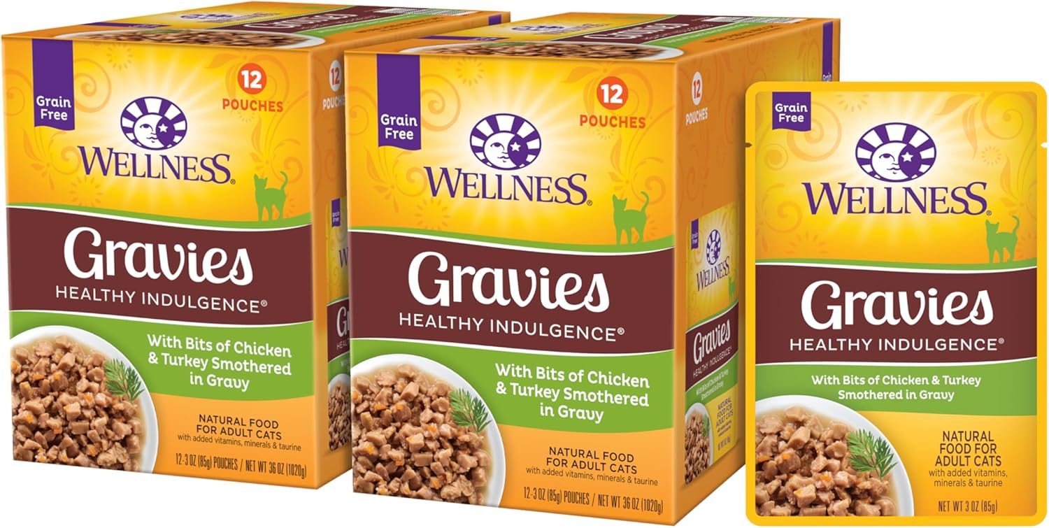 Wellness Healthy Indulgence Gravies Grain-Free Wet Cat Food, Made with Natural Ingredients and Quality Proteins, Complete and Balanced Meal, 3 oz Pouches (Chicken & Turkey in Gravy, 24 Pack)