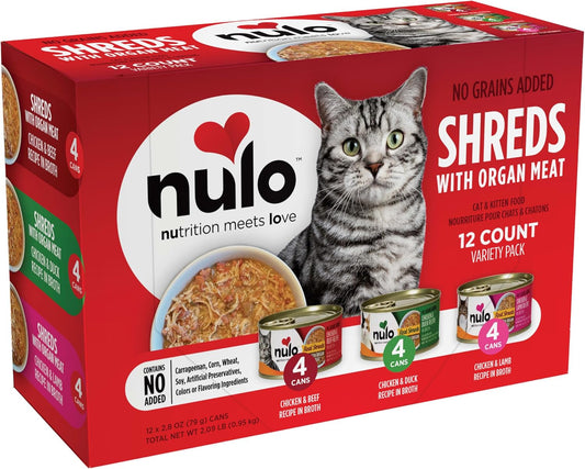 Nulo Grain-Free Real Shreds with Organ Meat Wet Canned Cat & Kitten Food, Variety Pack, 2.8 Ounce, 12 Cans