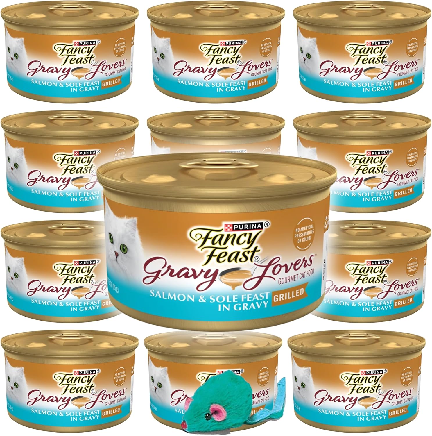 Gravy Lovers Cat Food Fancy Feast, Salmon and Sole Feast in Gravy 12-Pack. Fancy Feast Wet Cat Food. High-Protein, No Artificial Colors or Preservatives, Made in The USA. Includes Bonus Mouse Toy.