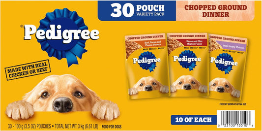 PEDIGREE CHOPPED GROUND DINNER Adult Soft Wet Dog Food 30-Count Variety Pack, 3.5 oz Pouches (Pack of 30)