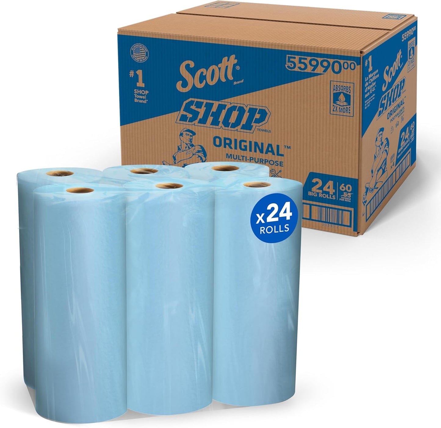 Scott® Shop Towels Original™ (55990), Blue Shop Towels, Big Rolls, 4 Packs of 6 Rolls, 11"x9.4" sheets, (60 Towels\/Roll, 24 Rolls\/Case, 1,440 Towels\/Case)