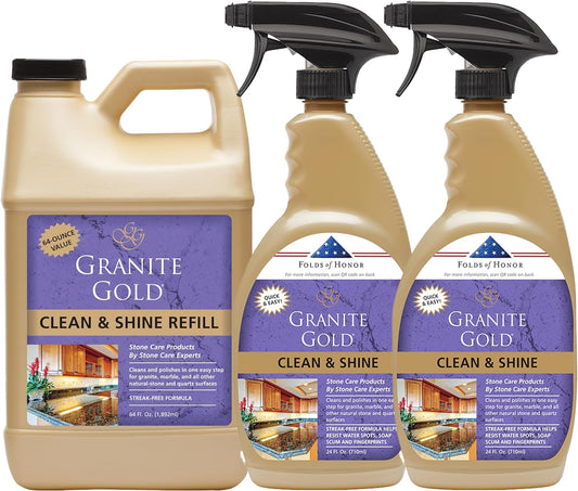 Granite Gold Clean and Shine Spray for Granite, Marble & Other Natural Stone & Quartz Surfaces, 1 x 64 Fl. Oz. & 2 x 24 Fl. Oz., 3-Pack