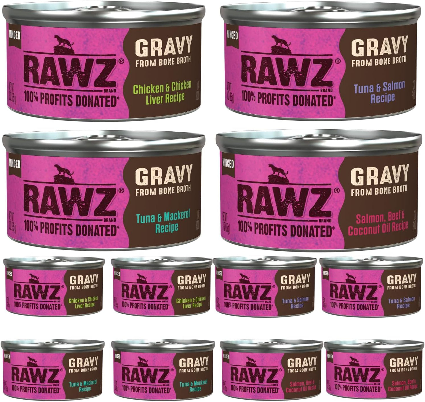 Rawz Natural Premium Minced Canned Cat Food in Gravy from Bone Broth -12 Pack Cans Variety - 4 Flavors with (3 Oz Cans), Lid