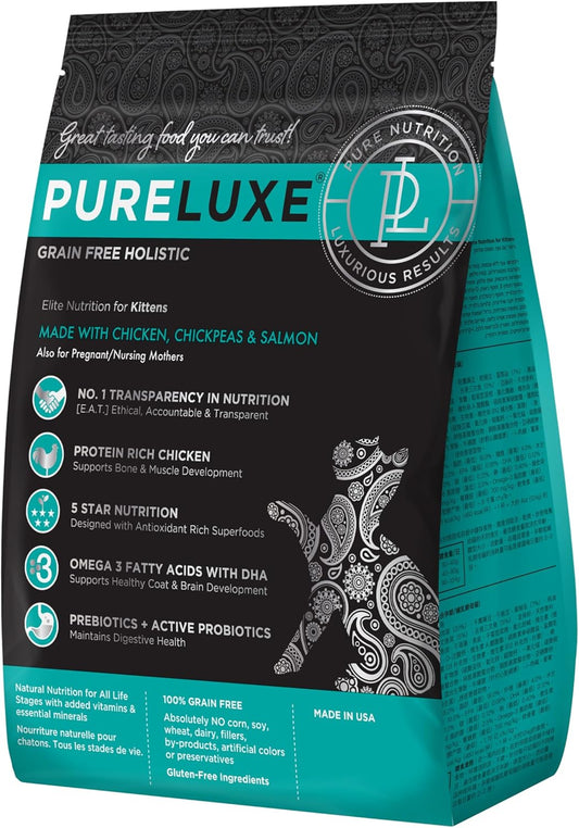 PURELUXE Grain and Gluten Free Cat Food, Kitten Elite Nutrition, Chicken, Chickpeas, and Salmon, for Kittens, Pregnant or Nursing Mothers, All Life Stages, Made in The USA, 3.3lbs