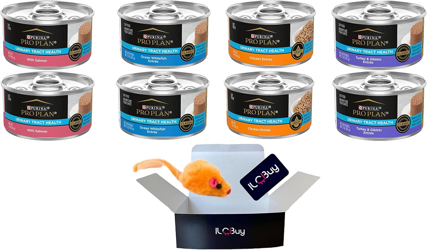 Pro Plan Focus Wet Cat Food Urinary Tract Health (UTH) Bundle, 4 Flavors,02 Each Flavor.Total 08 cans(3oz), Plus a Mouse Toy and a Booklet.