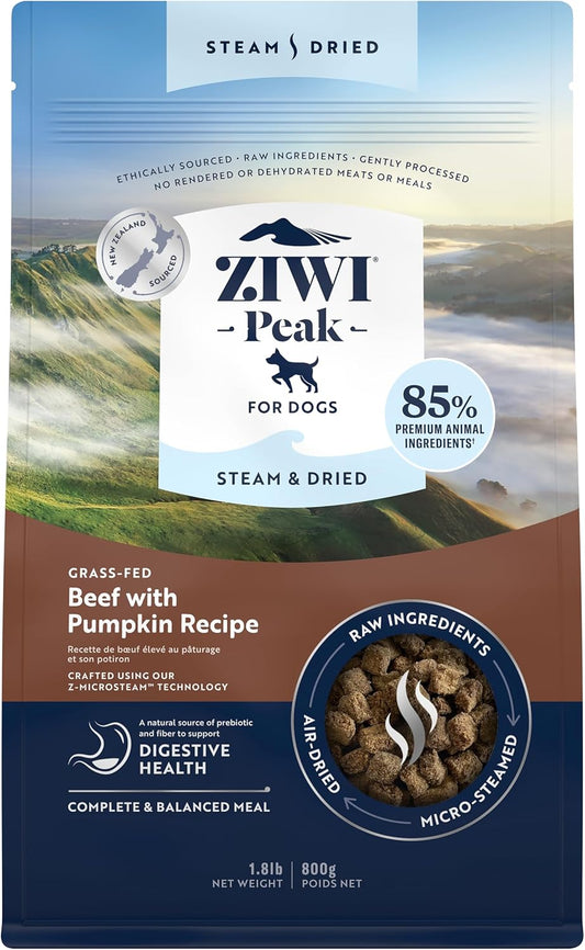 Ziwi Peak Steam & Dried Dog Food - Grass-fed Beef w\/Pumpkin - High Protein, Low Carb, All Breeds & Lifestages, for Digestive Health (28.8oz)