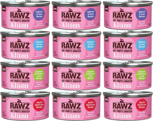 Rawz awz Natural Premium Kitten Pate Canned Cat Wet Food -12 Pack Cans Variety Flavor Pack -4 Flavors - (Salmon, Chicken, Tuna, Beef) Pets Can Lid - (2.8 oz Cans)