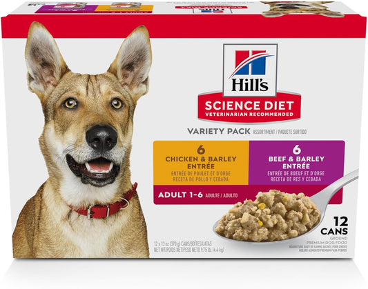 Hill's Science Diet Adult 1-6, Adult 1-6 Premium Nutrition, Wet Dog Food, Variety Pack: Chicken & Barley; Beef & Barley Loaf, 13 oz Can Variety Pack, Case of 12