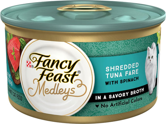 Purina Fancy Feast Cat Food Medleys Shredded Tuna Fare Wet Cat Food Recipe with Spinach in a Cat Food Broth - (Pack of 24) 3 oz. Cans