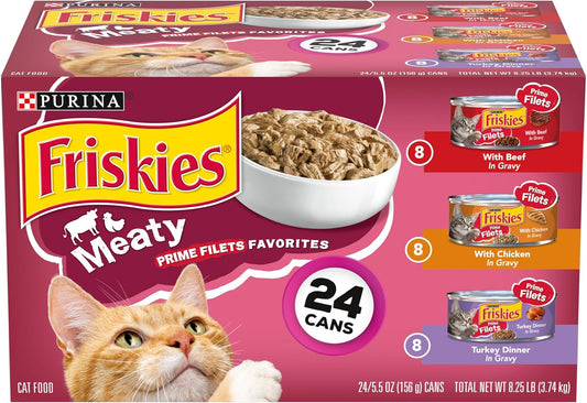 Purina Friskies Gravy Wet Cat Food Variety Pack, Prime Filets Meaty Favorites - (24) 5.5 oz. Cans