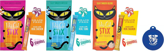 Tiki Cat Stix Wet Mousse Single-Serve Treats in 3-Flavor Variety Pack: (1) Salmon, (1) Tuna and (1) Chicken (3 Packs Total, 6 Stix per Pack, 18 Stix Total) Plus Shaynanigans Silicone Lid