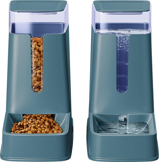 2 Packs Automatic Cat Feeder and Waterer, Gravity Dog Food and Water Dispenser Set for Small Medium Big Pets Cats Dogs Puppy Kitten, 1 Gallon x 2 (Green)