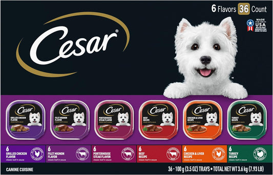 CESAR Adult Wet Dog Food Classic Loaf in Sauce Grilled Chicken, Filet Mignon, Porterhouse Steak, Beef, Chicken & Liver and Turkey Variety Pack, 3.5 oz. Easy Peel Trays, Pack of 36