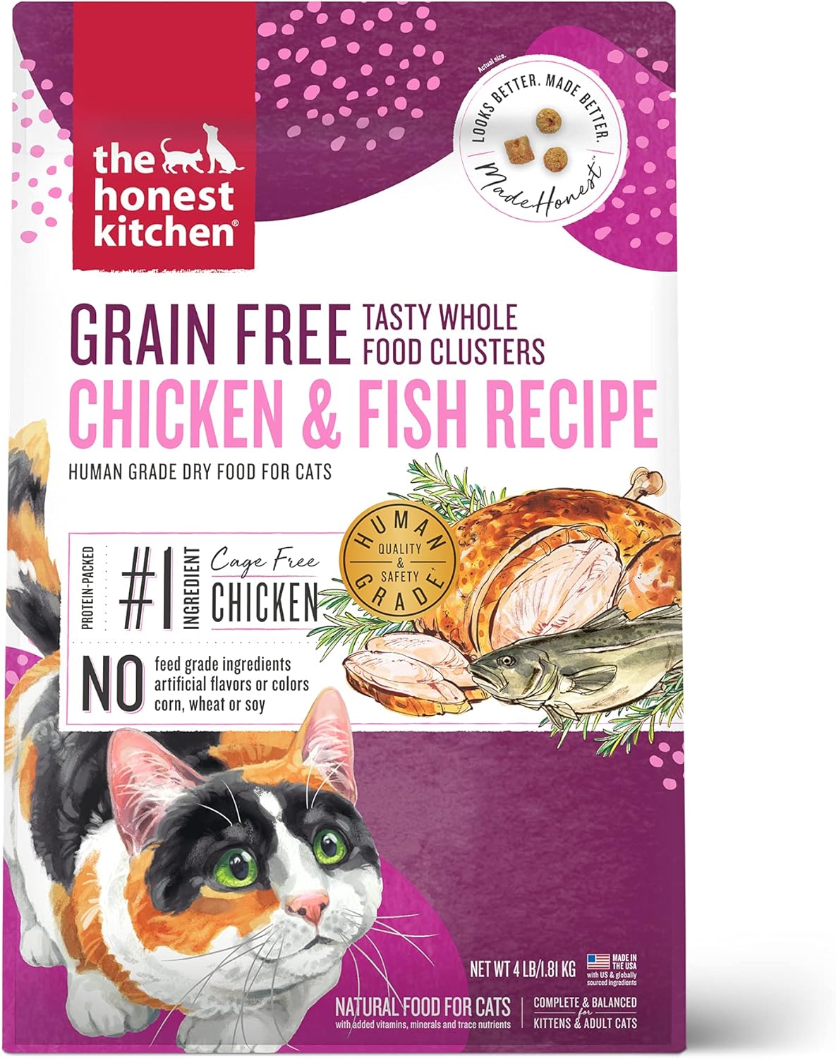 The Honest Kitchen Whole Food Clusters Grain Free Chicken & Fish Dry Cat Food, 4 lb Bag