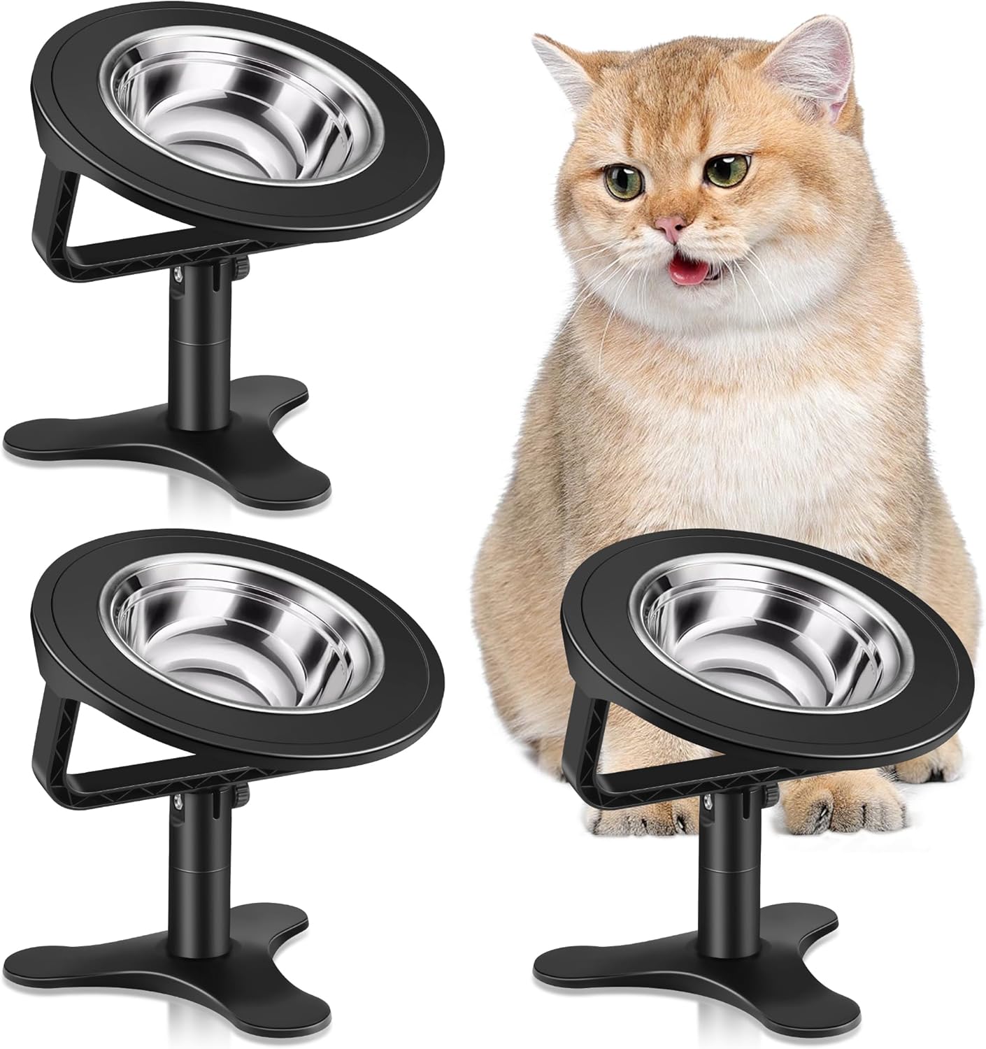 Raised Cat Bowls,Elevated Cat Bowls for Indoor Cats with Height-Adjustable Stand,Non-Slip Stainless Steel Cat Bowls,15° Tilted Cat Food Bowls (3-Pack, Black)