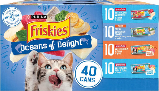 Purina Friskies Wet Cat Food Variety Pack, Oceans of Delight Flaked and Prime Filets - (Pack of 40) 5.5 oz. Cans