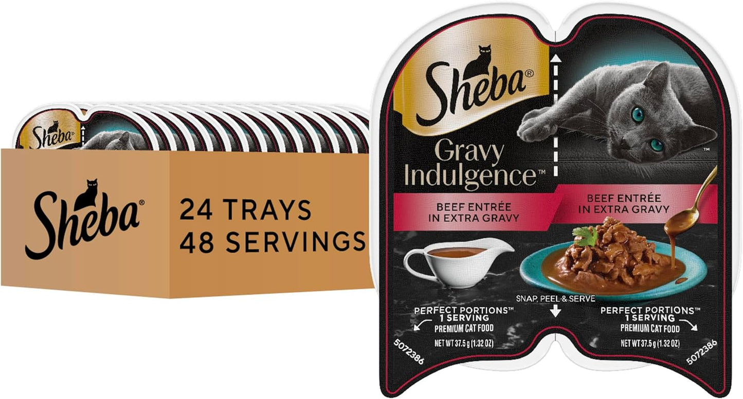 Sheba Gravy Indulgence Adult Wet Cat Food Beef Entree in Extra Gravy, 2.6 oz. Twin-Pack Trays (24 Count, 48 Servings)