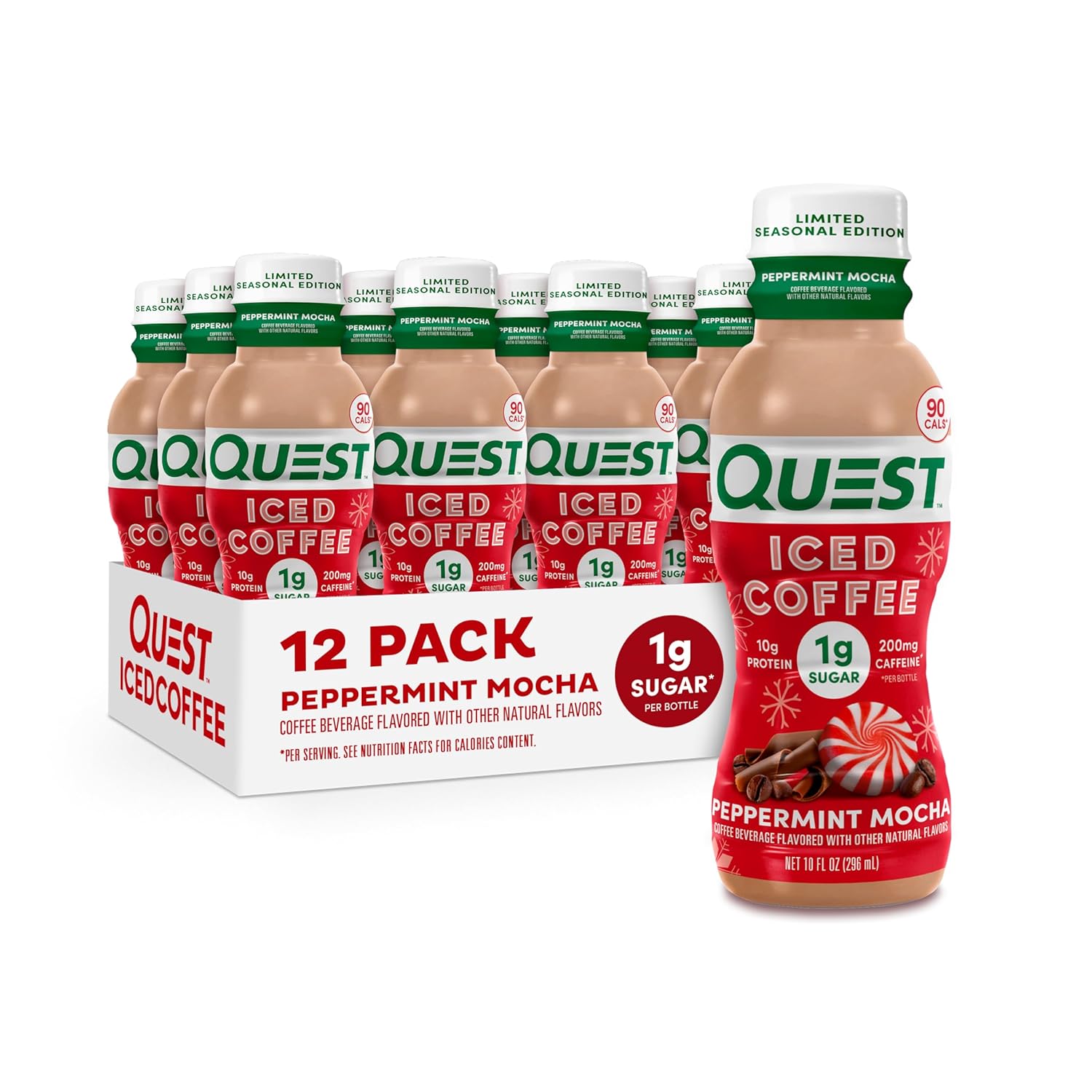 Quest Nutrition Iced Coffee, Peppermint Mocha, 1g of Sugar, 10g of Protein, 90 calories, 200mg of caffeine, Gluten Free, 12 Count