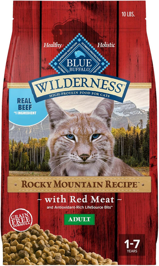 Blue Buffalo Wilderness Adult Dry Cat Food, Rocky Mountain Recipe, Chicken-Free & Grain-Free Recipe Made with Natural Ingredients, Red Meat, 10-lb. Bag