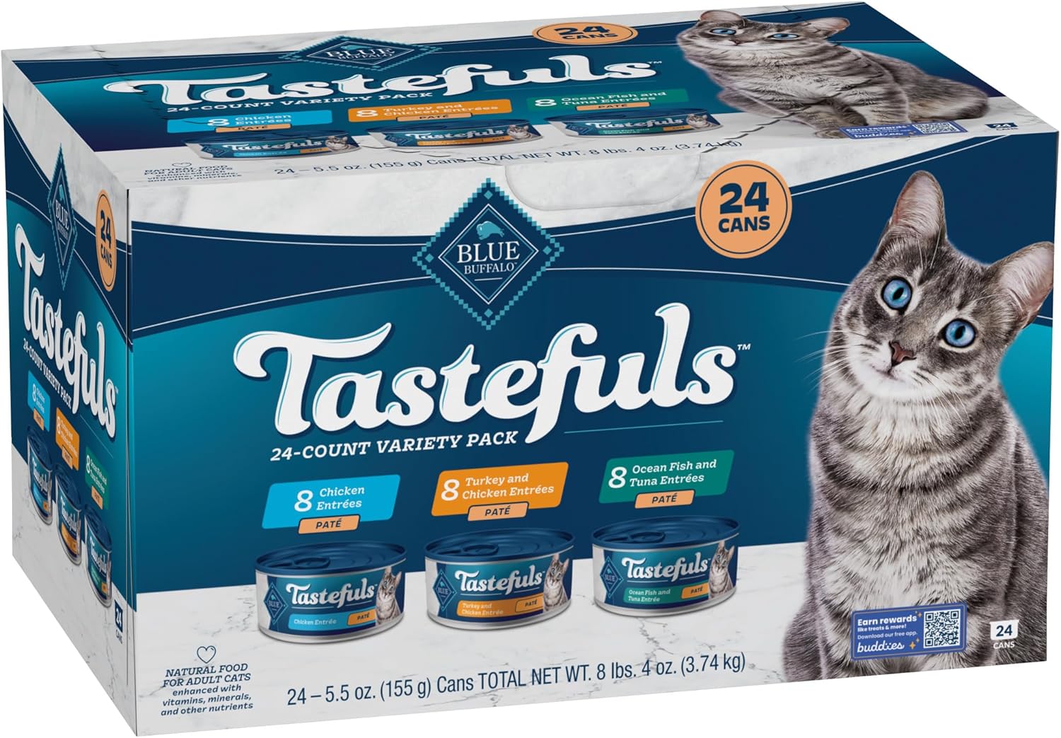 Blue Buffalo Tastefuls Wet Cat Food Paté Variety Pack, Made with Natural Ingredients, Chicken, Turkey & Chicken, Ocean Fish & Tuna Entrées, 5.5-oz Cans (24 Count, 8 of Each)