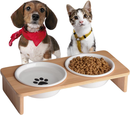 Elevated Dog Bowls, Dog Feeding Station with 2 Ceramic Bowls for Small Size Dogs and Cats, Bamboo Dog Food Bowl Stand for Food and Water, No Assembly, Cat Food Bowls Elevated