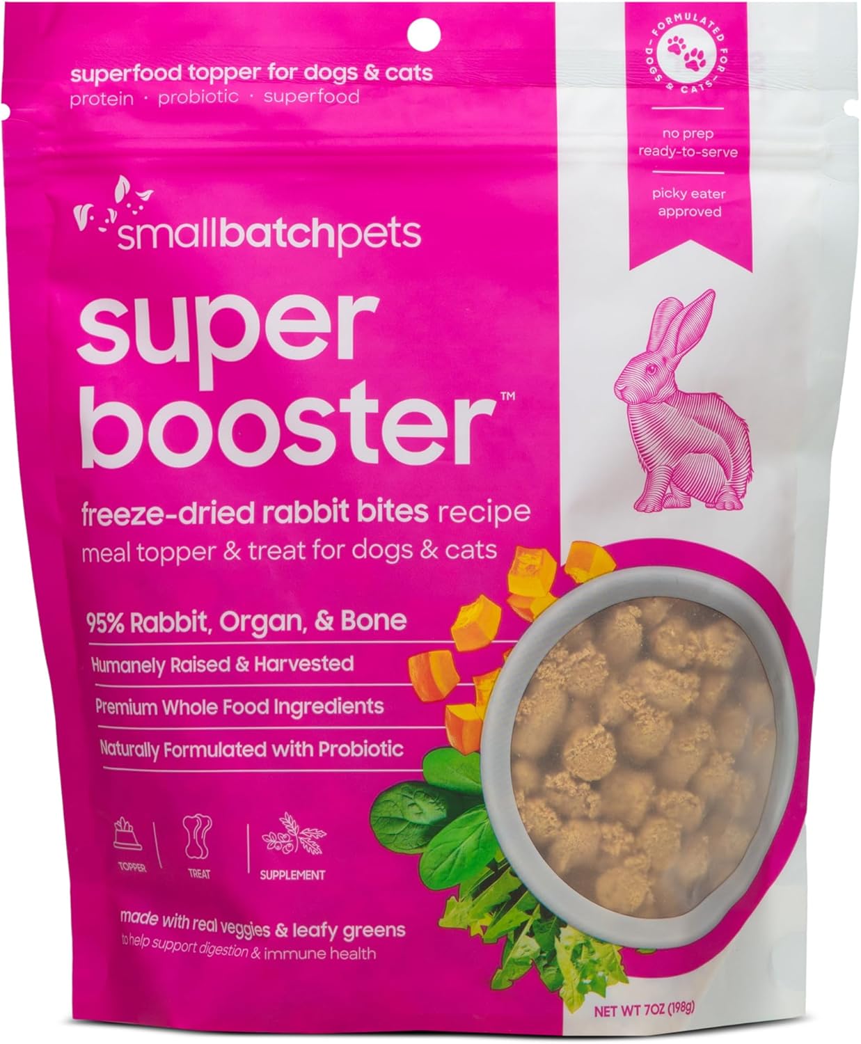 smallbatch Pets Freeze-Dried Super Booster Rabbit Bites for Dogs & Cats, 7 oz, Made in The USA, Humanely Raised Single Protein Source, Topper & Treat, with Organic Vegetables and Probiotics