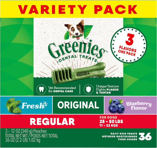 Greenies Regular Natural Dental Care Dog Treats, 36 oz. Variety Pack, 3 Packs of 12 oz. Treats