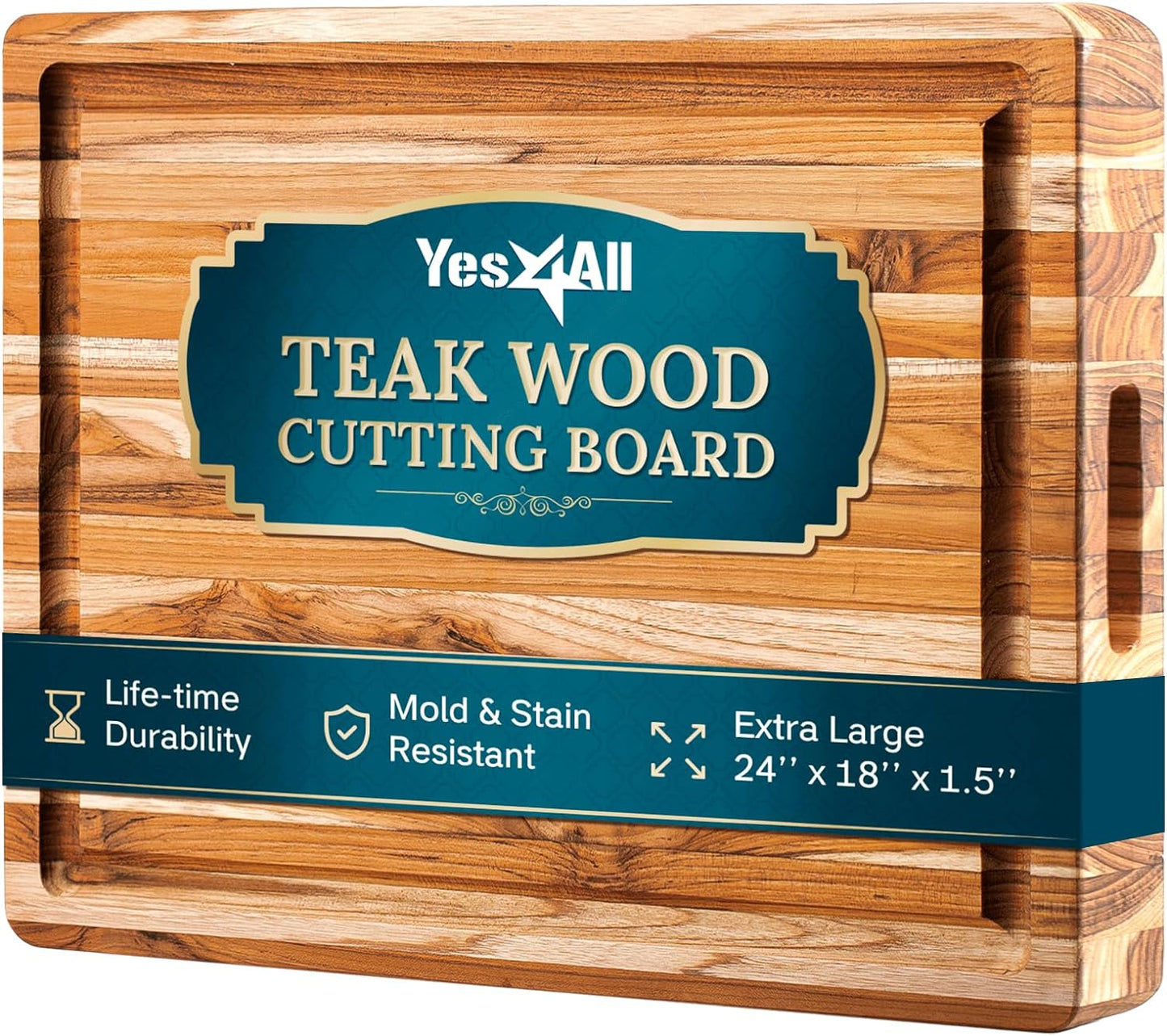 Yes4All Solid Teak Cutting Boards for Kitchen, [24''Lx18''Wx1.5\u201DThick] Extra Large Edge Grain Butcher Block Cutting Board, Food Safe Surface Wood Cutting Boards with Juice Grooves and Easy Grip Handle