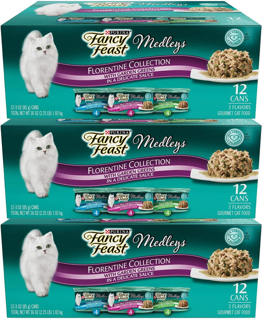 Fancy Feast Elegant Medleys Florentine Collection Cat Food Variety Pack 12-3 oz. Cans [Contains: 4 Each: Turkey Florentine, Tuna Florentine & White Meat Chicken Florentine] (3 Cases of 12 cans)