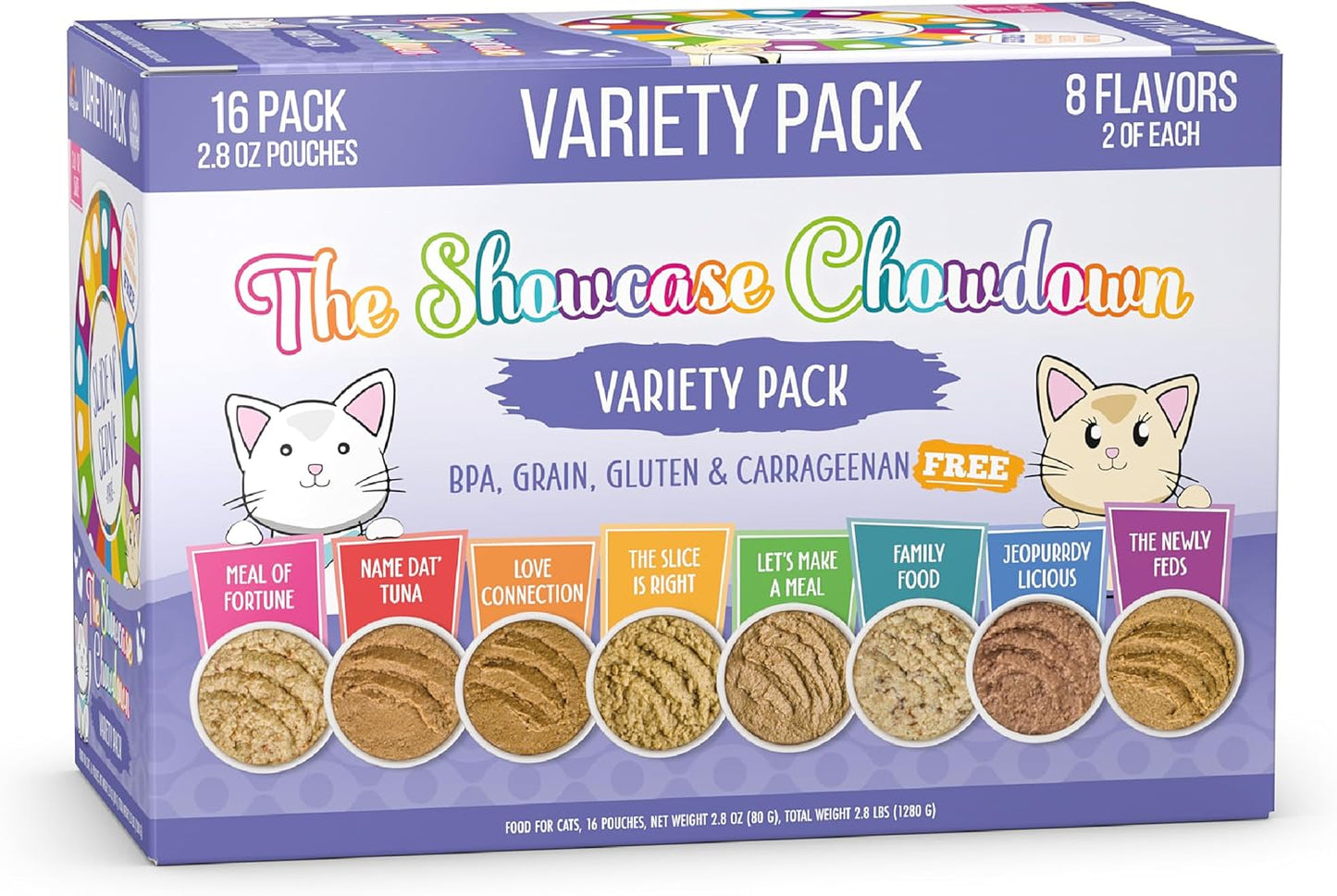 Weruva Slide N' Serve Paté Wet Cat Food, The Showcase Chowdown Slide N' Serve 2.8oz Pouch Variety Pack of 16, Multi Color