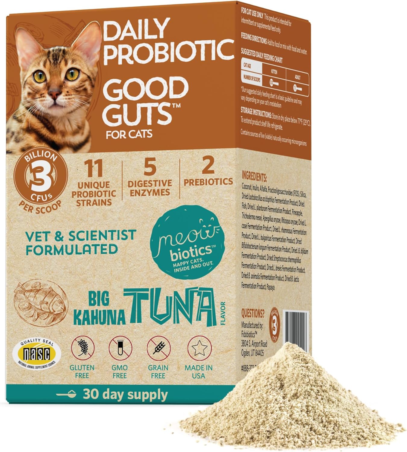 Good Guts for Cats Probiotic Powder, 11 Probiotic Strains, 2 Prebiotics, 5 Digestive Enzymes for Cat Digestive Support, Tuna Flavor, Cat Probiotics for Indoor Cats & Outdoor Cats (30 Days)