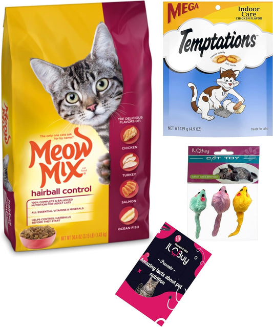 Dry Cat Food Mix Hairball Control Bundle (3.15 LB) and cat Treats Hairball Control Chicken(4.9 Oz) Bundle, Includes kit with 03 mouses Toy and a Pet Nutrition Booklet.