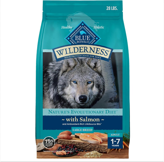 Blue Buffalo Wilderness Natural High-Protein Dry Food for Adult Dogs, with Wholesome Grains, Salmon, 28-lb bag.