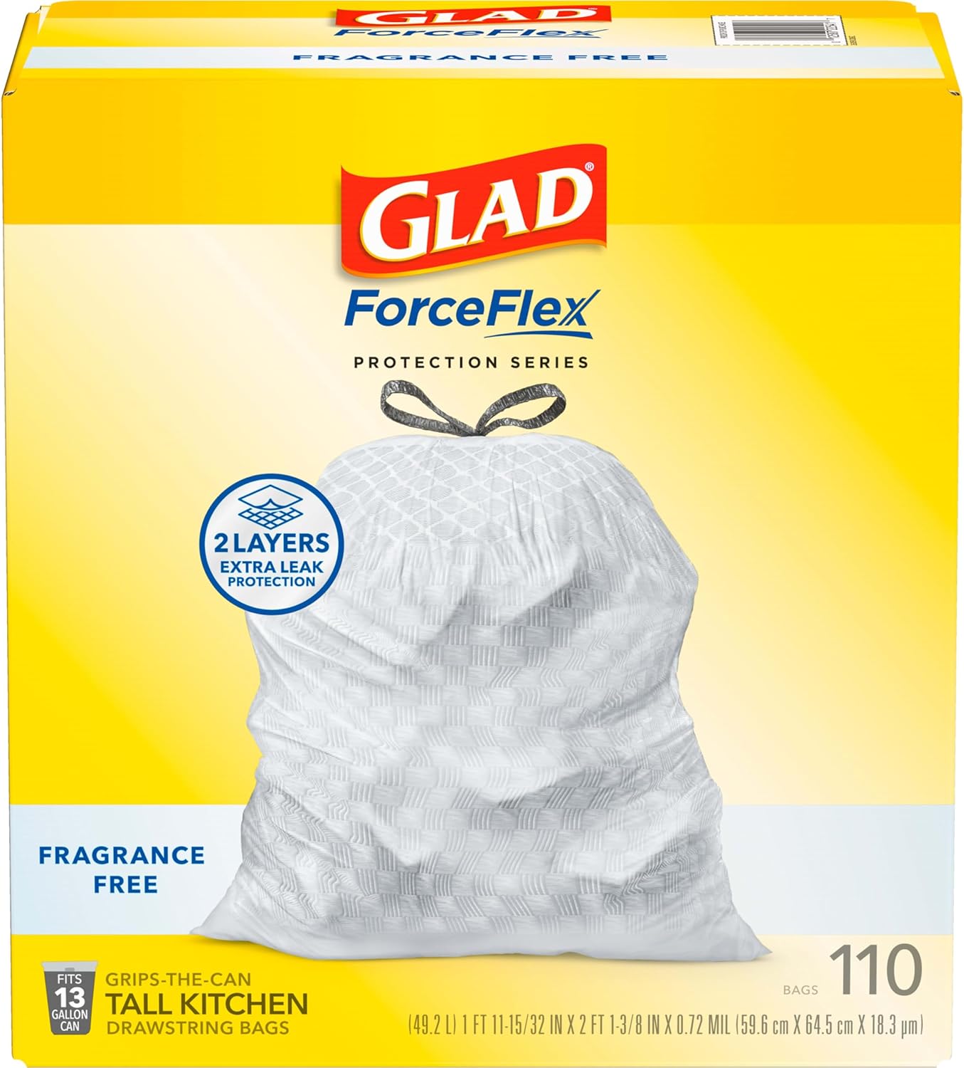 Glad Trash Bags, ForceFlex Tall Kitchen Drawstring Garbage Bags, 13 Gal, Fragrance Free, 110 Ct, Package May Vary