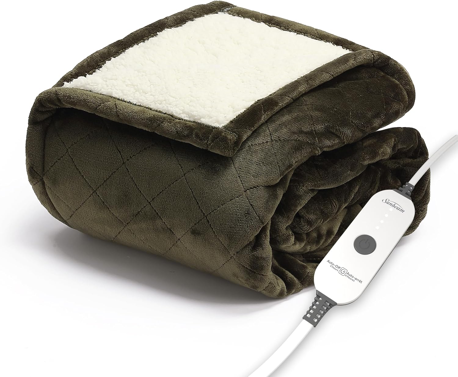 Sunbeam Quilted Royal Posh Velvet Reverse Sherpa Heated Throw Electric Blanket, 50" x 60", 4 Heat Settings, 4-Hour Auto Shut-Off, Warming Cozy Throw for Couch, Sofa or Bed, Machine Washable, Olive