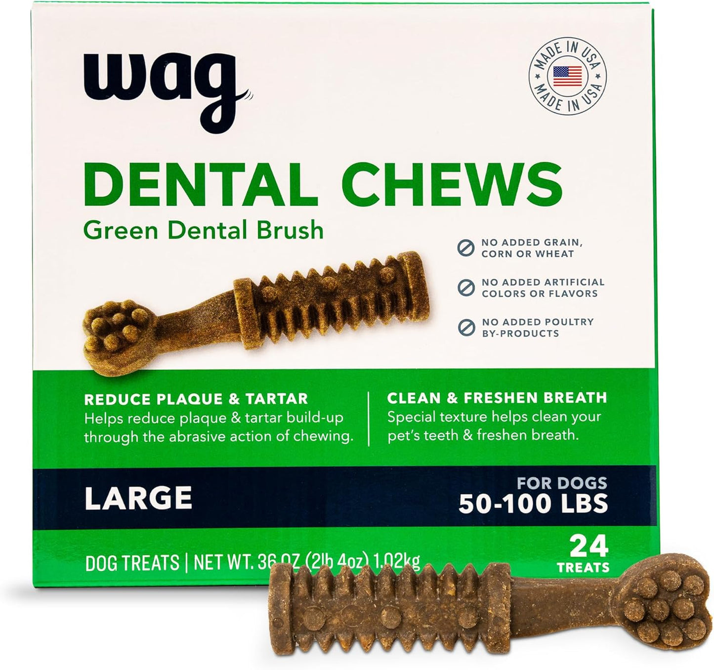 Amazon Brand - Wag Dental Chews - Green Dental Brush for Dogs, Large, Unflavored, 24 Count (Pack of 1)