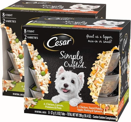 CESAR SIMPLY CRAFTED Adult Soft Wet Dog Food Meal Topper Variety Pack, Chicken, Carrot, Potato & Peas and Chicken, Sweet Potato, Apple, Barley & Spinach, 8 Count(Pack of 2)