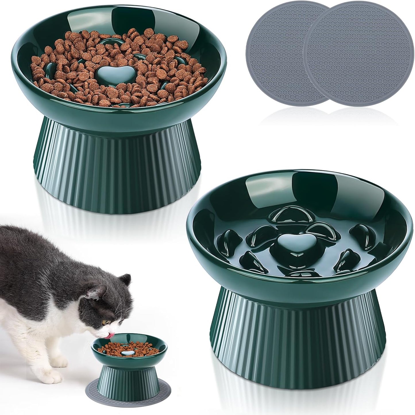 2 Pack Ceramic Raised Slow Feeder Cat Bowls, Elevated Cat Food Bowls for Indoor Cats Small Dogs, Anti Vomiting Cat Feeding Bowls for Dry Wet Food, Lifted Porcelain Slow Feeder