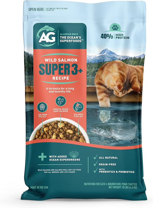 Alaskan Gold SUPER3+ (Salmon+Freeze Dried Raw Salmon+Salmon Fish Oil) Dry Cat Food | Kitten & Adult | High-Protein | Grain-Free | Allergy & Digestive Support| All-Natural | 10-lbs