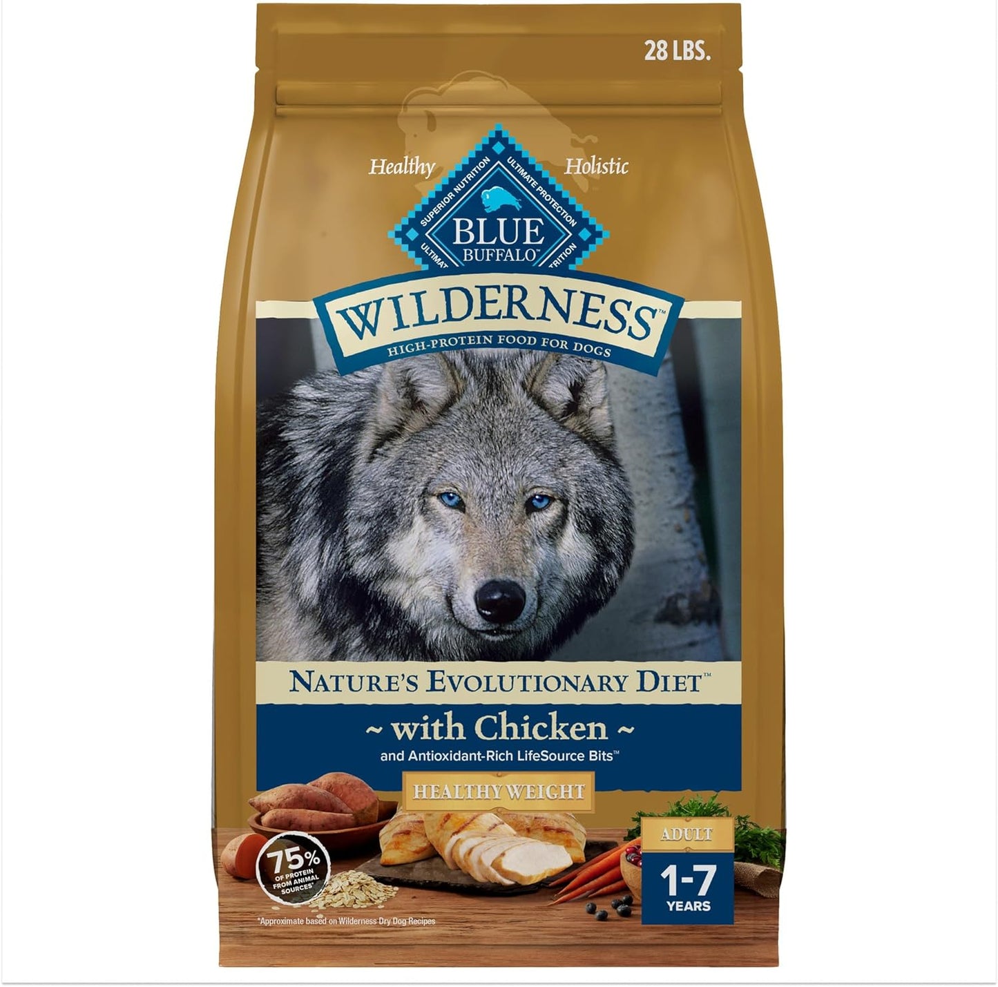 Blue Buffalo Wilderness Natural High-Protein Healthy Weight Dry Food for Adult Dogs, Chicken Recipe, 28-lb. Bag