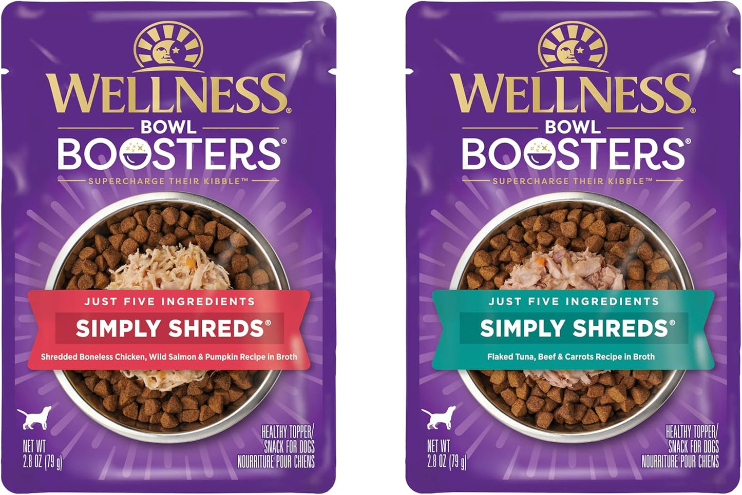 Wellness CORE Simply Shreds Natural Grain Free Wet Dog Food Mixer, Wild Salmon & Pumpkin, 2.8 oz. Pouch (12 Nos) + Natural Grain Free Wet Dog Food Mixer, Tuna, Beef & Carrots, 2.8 oz. Pouch (12 Nos)