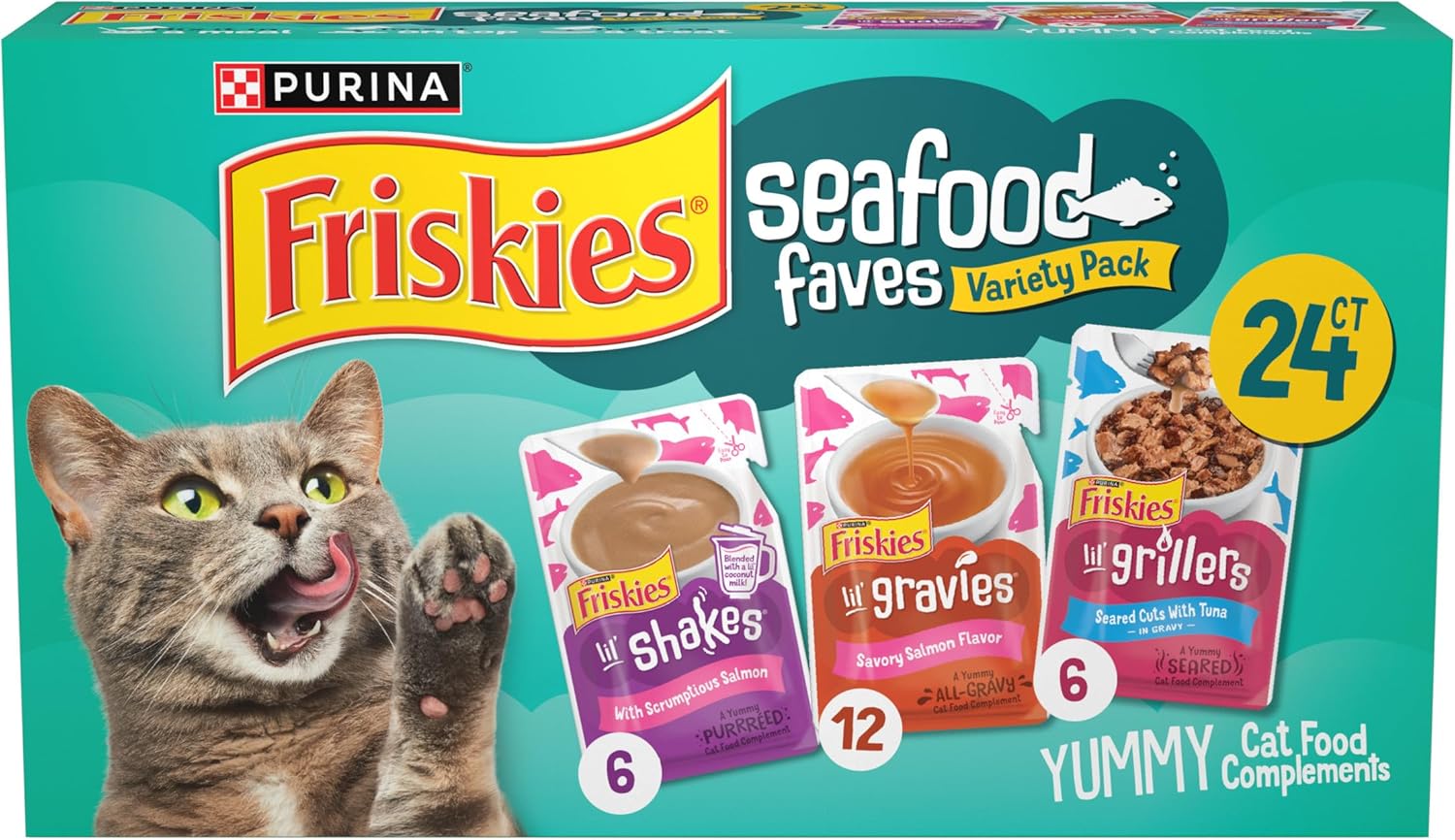 Purina Friskies Seafood Faves Wet Cat Food Variety Pack Lickable Gravy Cat Food Topper - 24 ct. Box