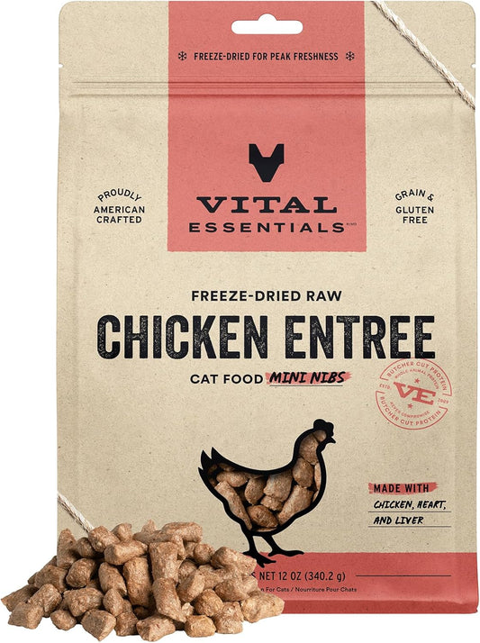 Vital Essentials Freeze Dried Raw Cat Food, Chicken Mini Nibs Entree, 12 oz